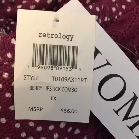 NWT Retrology Boho Woven Top Peasant Blouse S/S Lace Plus SIZE 1X  Berry - Picture 10 of 10